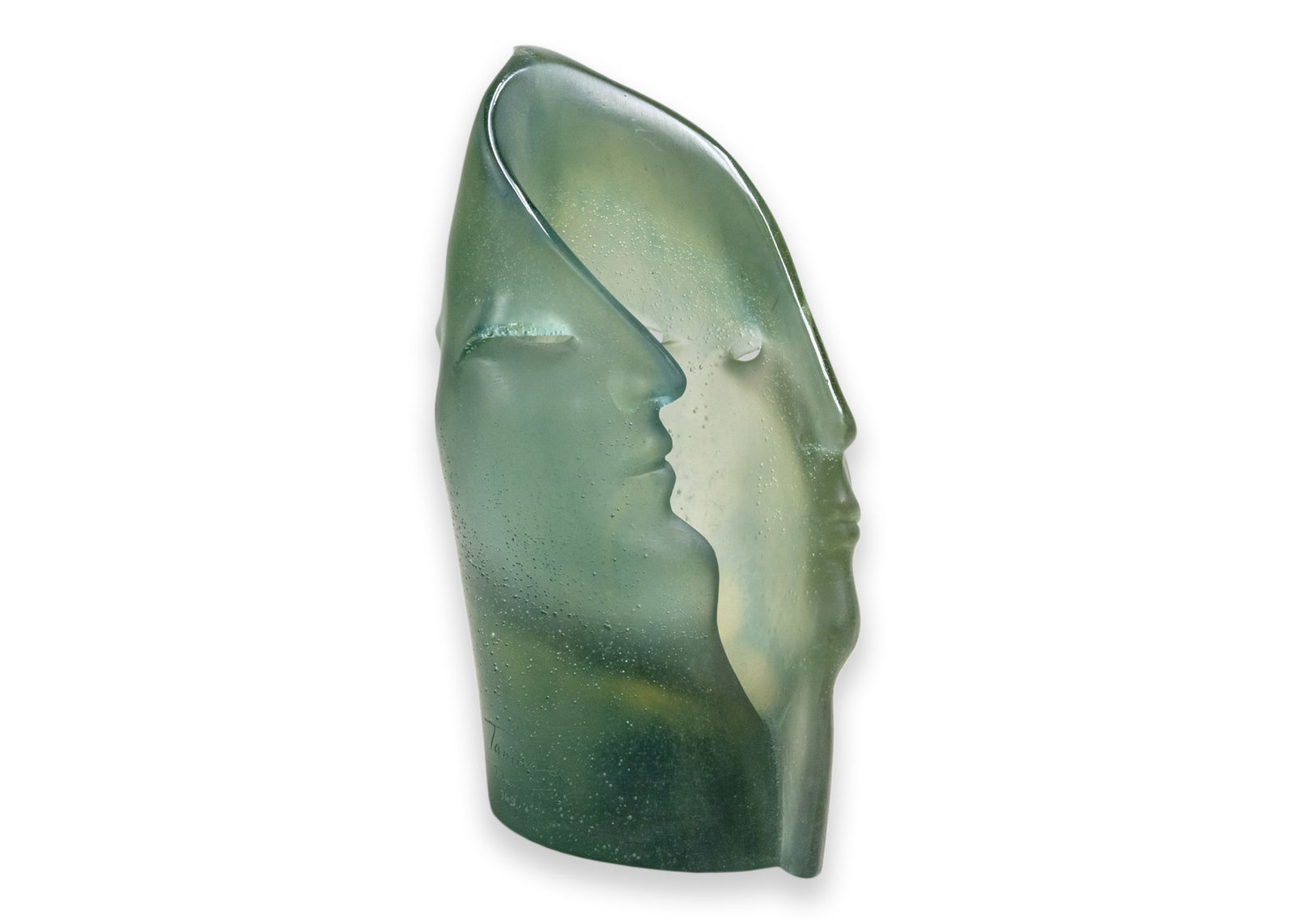Tamara Kvesitadze for Daum Comedia Signed Contemporary Pate de Verre Crystal Sculpture: An introspective contemporary forest green color glass sculpture titled "Comedia" designed by Tamara Kvesitadze for the studio of Daum France. Etched signature from Daum and Tamara Kvesitadze. Annotat