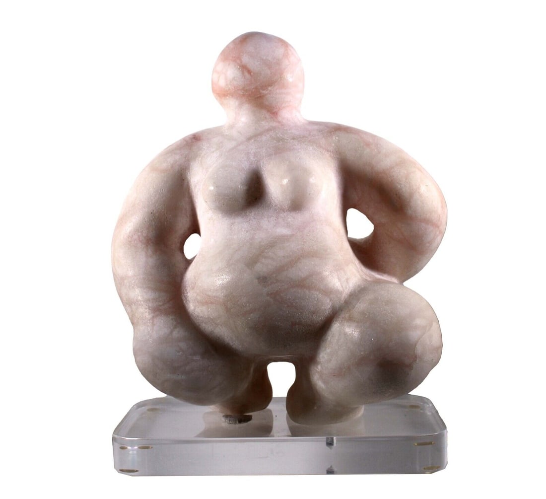 Jerry Soble Signed Scarlett 1995 Contemporary Female Nude Pink Marble Sculpture: A marvelous, pink marble table sculpture on an acrylic lucite base depicting a nude woman, "Scarlett" by Michigan artist Jerry Soble. Signed, titled, and dated 1995. Inspired by modern artists such as