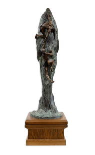 Gary Price The Ascent Large Patina Bronze Sculpture 45/60 on Wooden Base 1990: A dramatic yet whimsical large patina bronze sculpture titled "The Ascent" by Gary Price. Signed with an annotation of 45/60. Created in 1990. The sculpture is inspired by a poem by Howard Rainer. Thi