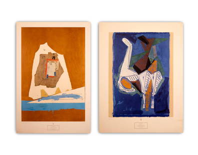 Robert Motherwell & Marino Marini Abstract Expressionist Lithographic Posters Unframed 1990s: A pair of abstract expressionist lithographic posters depicting the artworks by Robert Motherwell and Marino Marini. The artworks featured: Cambridge Collage (Motherwell) and The Horseman (Marini).