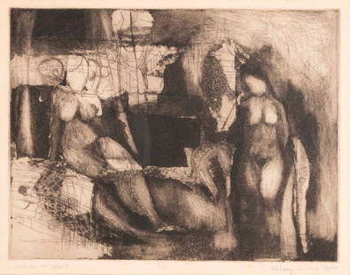 Sydney Glumb Taylor Ladies in Wait Signed Modern Figurative Etching on Paper 1/6 Framed 1950s: A modern figurative etching on paper titled “Ladies in Wait” by Sydney Glumb Taylor. Hand signed bottom right, titled bottom left, with an annotation of 1/6 mid bottom. A monotone
