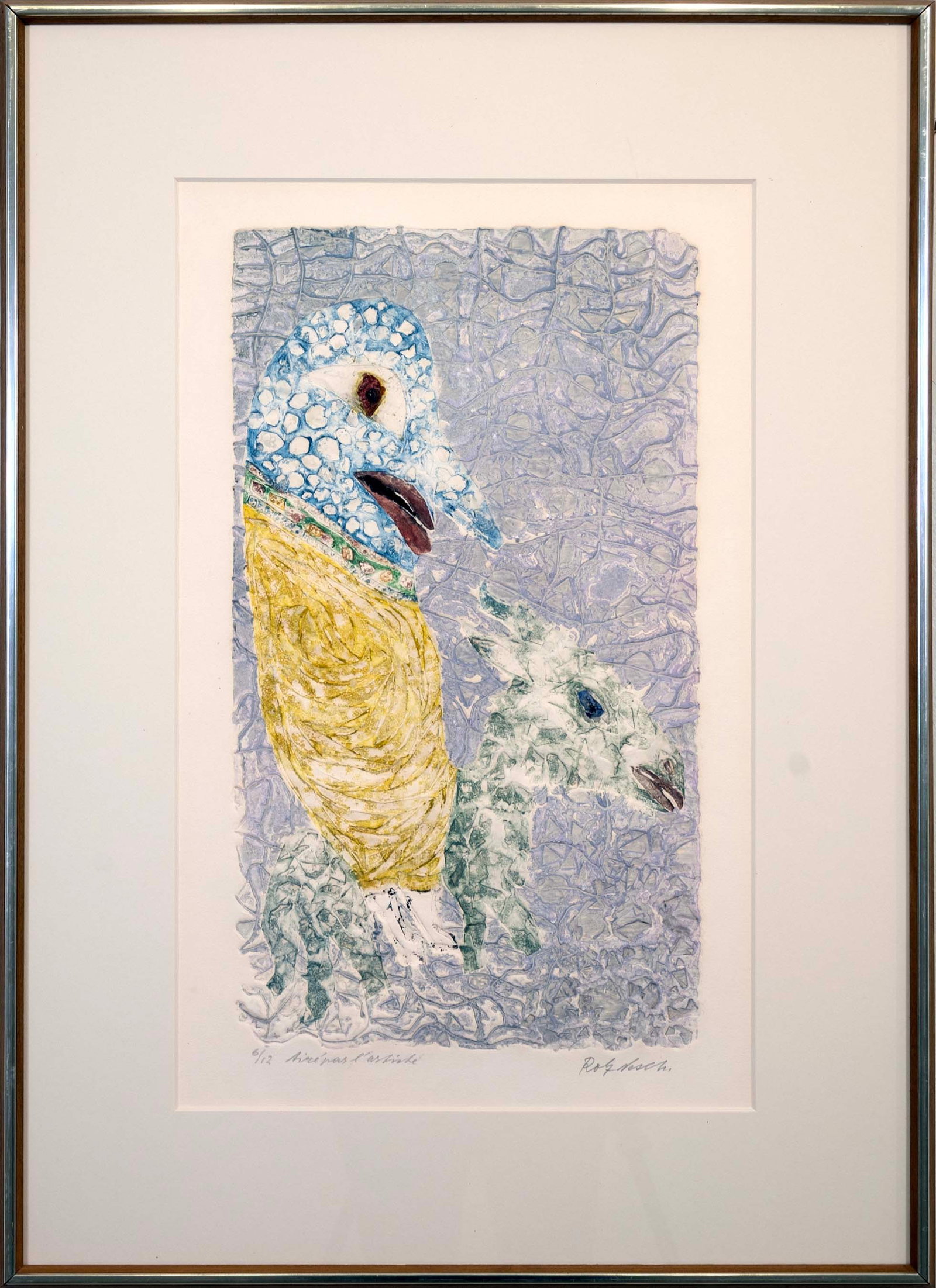 Rolf Nesch Eselreiter Signed Contemporary Color Aquatint with Embossing 6/12 Framed 1968: A contemporary color aquatint with embossing titled “Eselreiter (Man on Donkey)” by German artist Rolf Nesch. Hand signed in pencil bottom right with an annotation of 6/12 on the bottom le