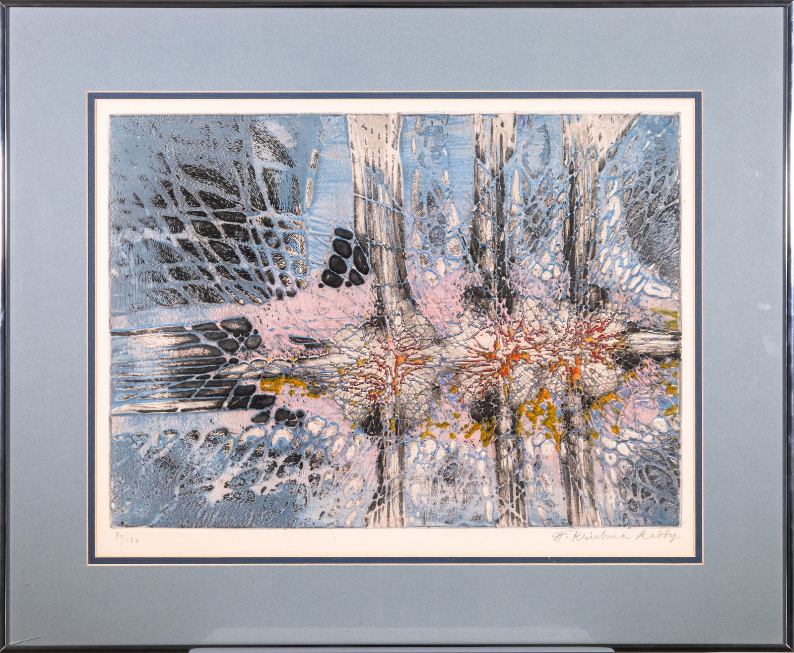 Krishna Reddy Water Lillies Signed Modern Abstract Color Aquatint Etching 90/150 Framed 1960 (1 of 14)