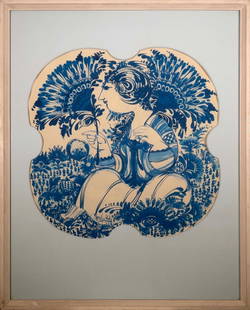 Bjorn Wiinblad Signed Figurative Whimsical Gouache Painting on Paper Framed 1977: A whimsical illustrative figurative gouache painting in lovely blue tones by Danish artist Bjørn Wiinblad. Hand signed on the bottom left and dated 1977. In the early 1970s, Wiinblad designed
