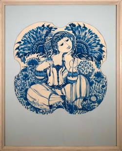 Bjorn Wiinblad Signed Figurative Whimsical Gouache Painting on Paper Framed 1977 II: A whimsical illustrative figurative gouache painting in lovely blue tones by Danish artist Bjørn Wiinblad. Hand signed on the bottom left and dated 1977. In the early 1970s, Wiinblad designed