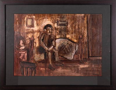 H. Kinz Modern German Expressionist Style Figurative Drawing on Paper Signed 49: A modern figurative mixed-media drawing on paper. Signed "H. Kinz '49" on the bottom right corner. The composition is in the style of German Expressionist artworks. It depicts a man sitting alone in