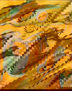 Mid Century Modern Cubist Surreal Abstract Oil Painting on Canvas Signed: An expressive and intriguing oil painting on canvas signed C.E. Leonard. Hand signed bottom left as well as verso. Dated 1970. The cubist style composition depicts abstracted figures among