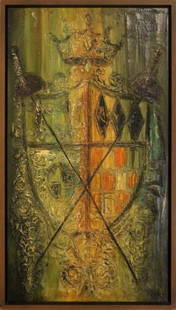 Van Hoople Family Crest Mid Century Modern Textured Painting on Board Framed: Le Shoppe Modern in Michigan is offering a mid century modern textured painting with impasto technique on board by Van Hoople. Circa late 1950s to early 1960s. The stylized family crest is