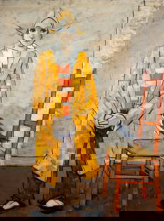 Charles Levier Harlequin Mid Century Modern Oil Painting on Canvas Framed 1950s: A mid-century modern oil painting on canvas by French artist Charles Levier. Signed bottom left. Circa 1950s. A modernist harlequin in a bright yellow oversized jacket next to a chair and a bird. A