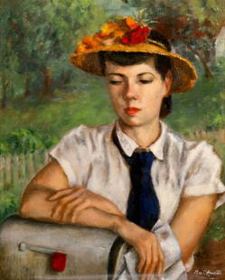 Mae C. Averill The Letter Signed Modernist Oil Painting on Canvas Framed 1952: A modernist oil painting on canvas titled "The Letter" by Michigan artist Mae C. Averill. Signed bottom right. Exhibited in 1952 for the "Kirk-in-the-Hills Outdoor Art Festival." Original tag from