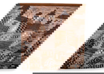 Lucyna Napidrkowska Polish Wool Mid Century Tapestry: This mid-century tapestry by Lucyna Napidrkowskashowcases a charming and intricate depiction of a Polish village scene. Crafted from wool, the tapestry features a harmonious blend of earthy tones and