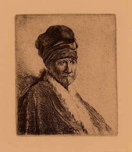 Rembrandt Van Rijn Bust of a Man 1630 Etching Millenium Edition Framed: A regal etching on Ingres d’Arches off-white laid paper paper titled “Bust of a Man Wearing a High Cap” by Rembrandt Van Rijn. Created in 1630. A 20th/21st Century impression