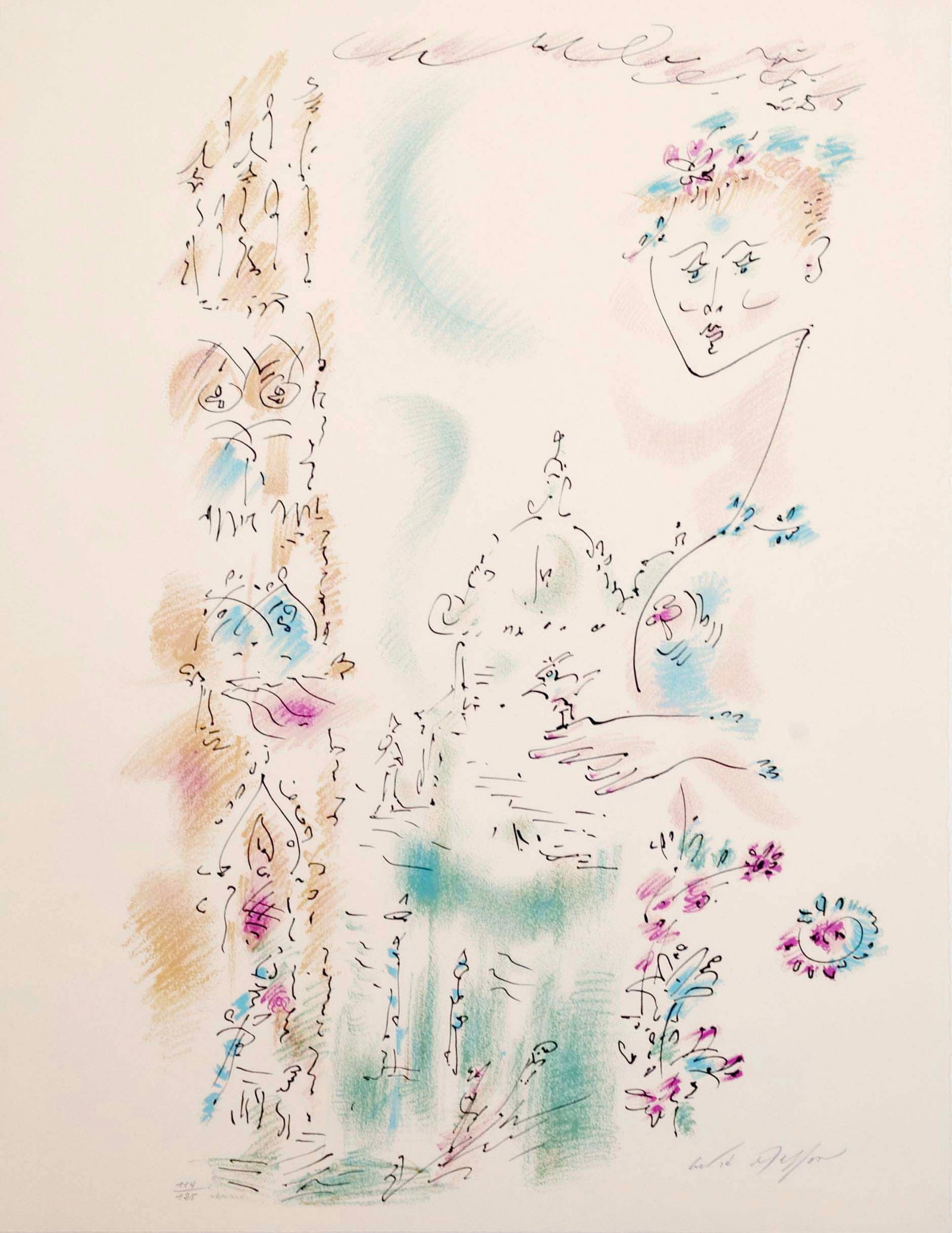 Andre Masson Venise en Fleurs Signed Modern Lithograph on Paper 114/125 Framed 1975: A modern lithograph in colors on arches paper titled “Venise en Fleurs” by French artist Andre Masson. Hand signed in pencil on the bottom right with an annotation of 114/125 on the bottom