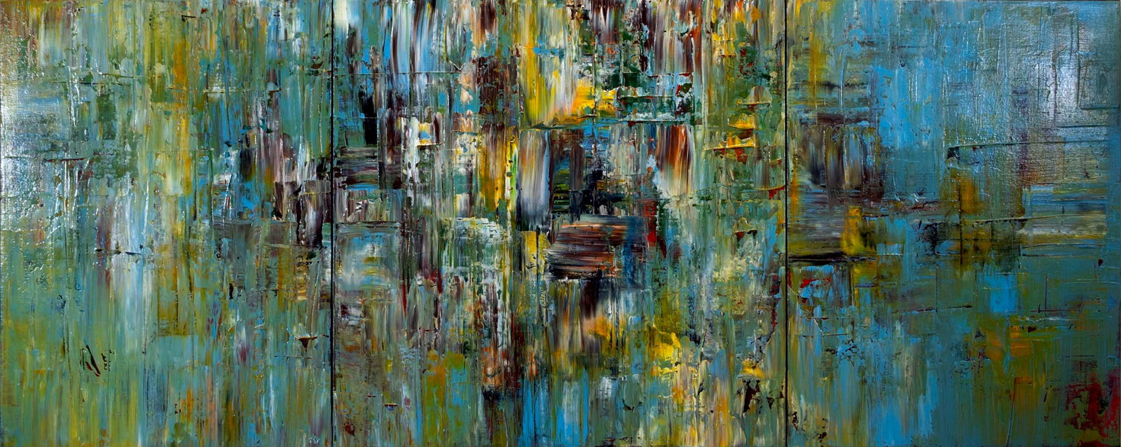 Yehan Wang Wall Series #211 Triptych Contemporary Signed Acrylic Painting on Canvas 2006 (1 of 12)