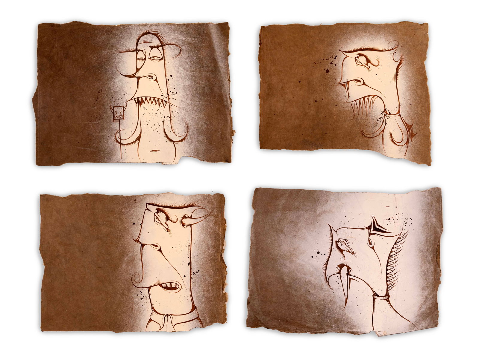 Charlie Alan Kraft Set of 4 Spray Paint & Ink Drawings on Torn Paper Signed: A curious and intriguing set of 4 spray paint and ink drawings on torn paper by Portland based artist Charlie Alan Kraft. Created in 2005. The technique of this set is interesting where the artist spr