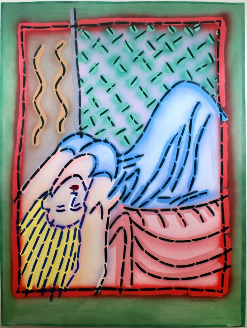 Contemporary Pop Art Mixed Media Painting Signed Reclining Woman in Lucite Frame: A marvelous monumental mixed-media painting on paper depicting a reclining nude. Signed in pencil on the bottom right. Circa 1990s. A fantastic re-interpretation of pop art that adds an