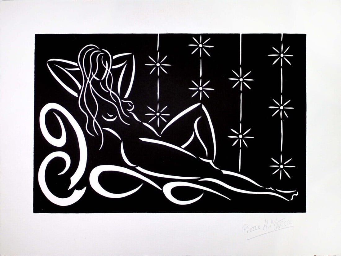 Pierre Henri Matisse Reclining Nude Signed Modern Linocut on Paper Unframed 2016: A graphic modern linocut on l'arches paper titled "Reclining Nude" by Pierre Henri Matisse, the grandson of Henri Matisse. Hand signed in pencil on the bottom right. Created in 2016. An homa