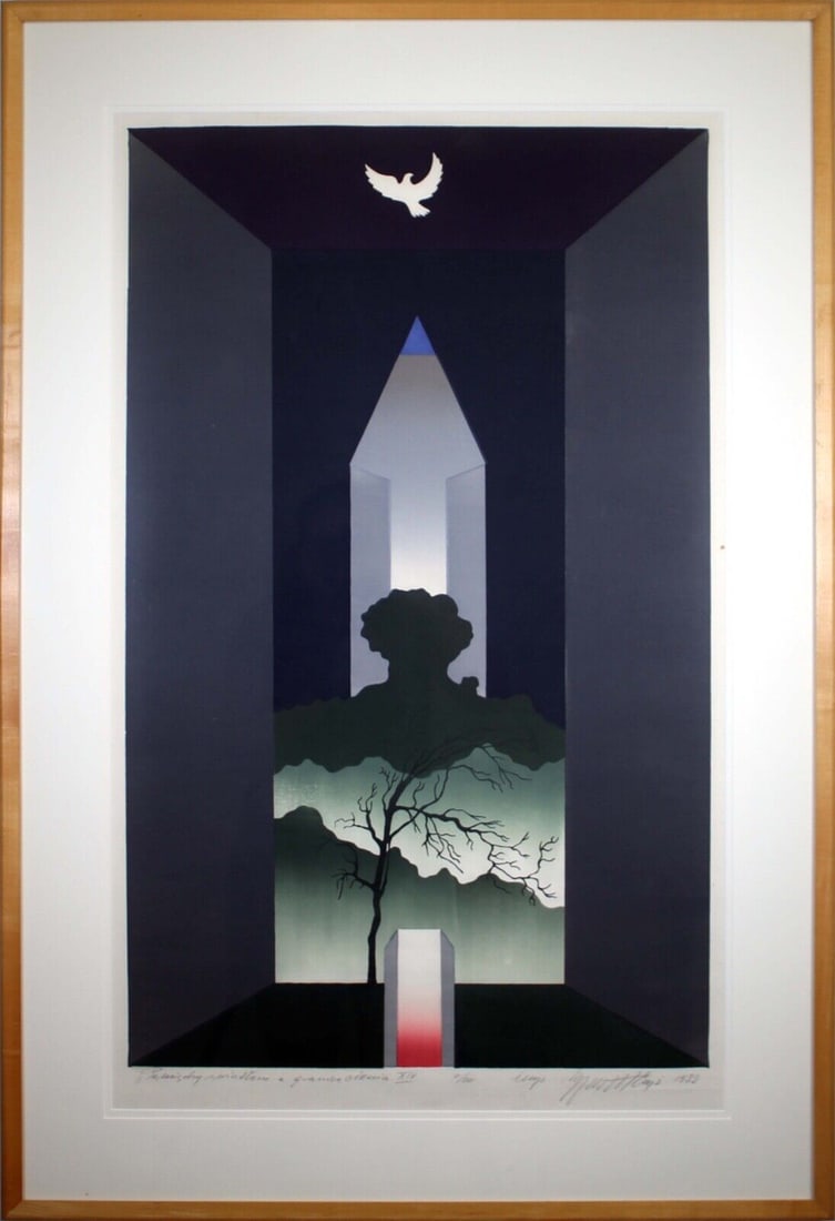 Zygmunt Czyz Surrealist Dove Over Tree Signed Linocut on Paper 7/20 Framed 1982 (1 of 13)