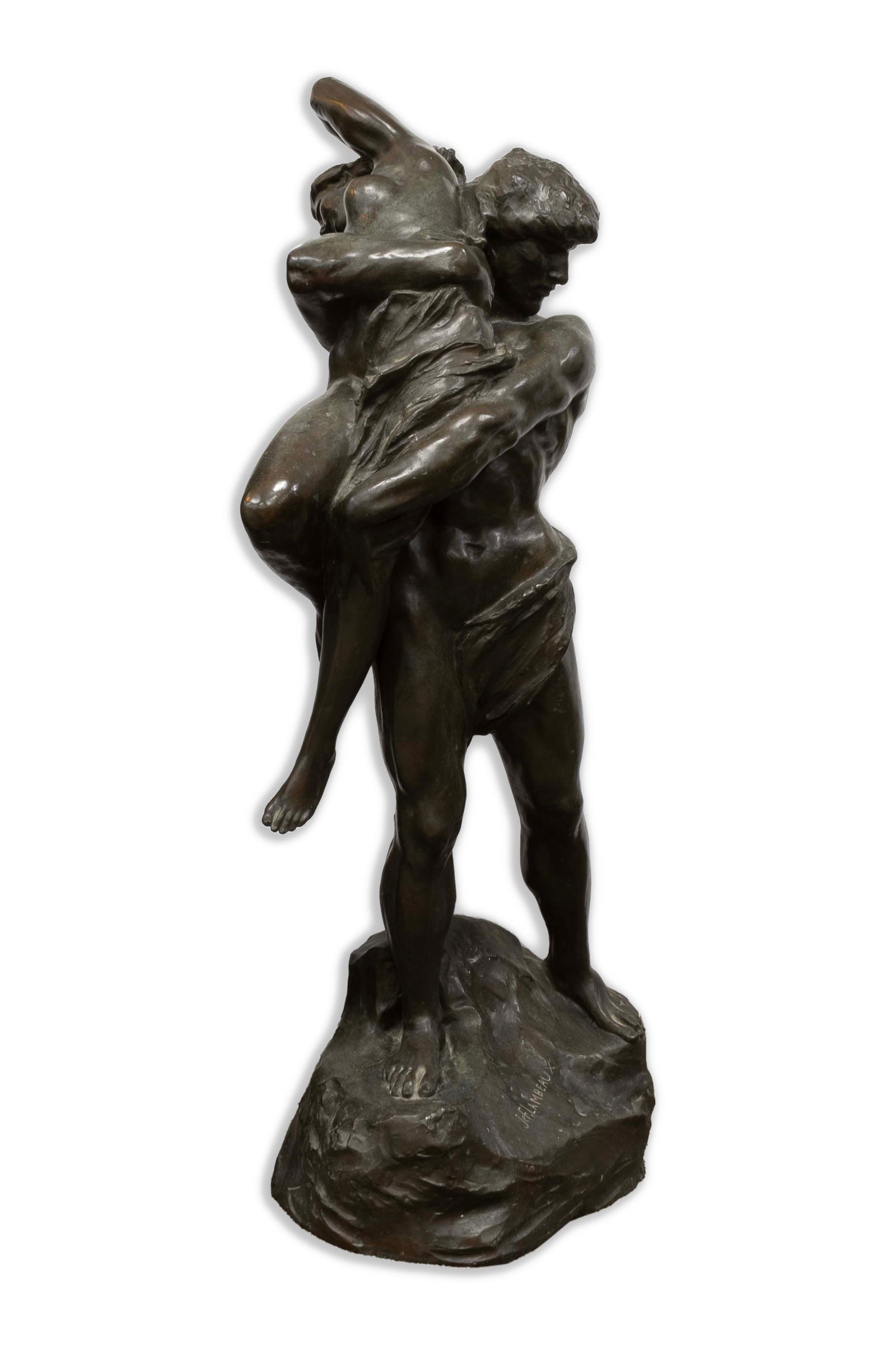 Jef Lambeaux Signed Neo-Baroque Figurative Male & Female Bronze Sculpture 1880s: A Neo-Baroque figurative bronze sculpture by Belgian artist Jef Lambeaux. Signed on the base. Circa 1880s. A male figure holds a female form in a dramatic sweeping movement. Inspired by baroque artist