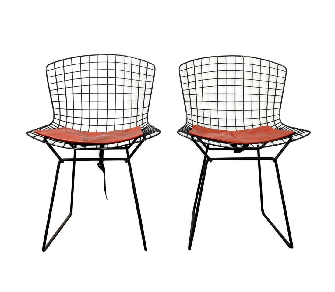 Knoll Pair of Vintage Mid Century Black Iron Wire Bertoia Chairs w Red Cushion (1 of 7)