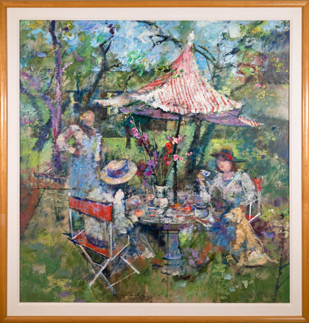Richard Jerzy Under the Chinese Umbrella Signed Impressionism Oil Painting 1988 (1 of 13)