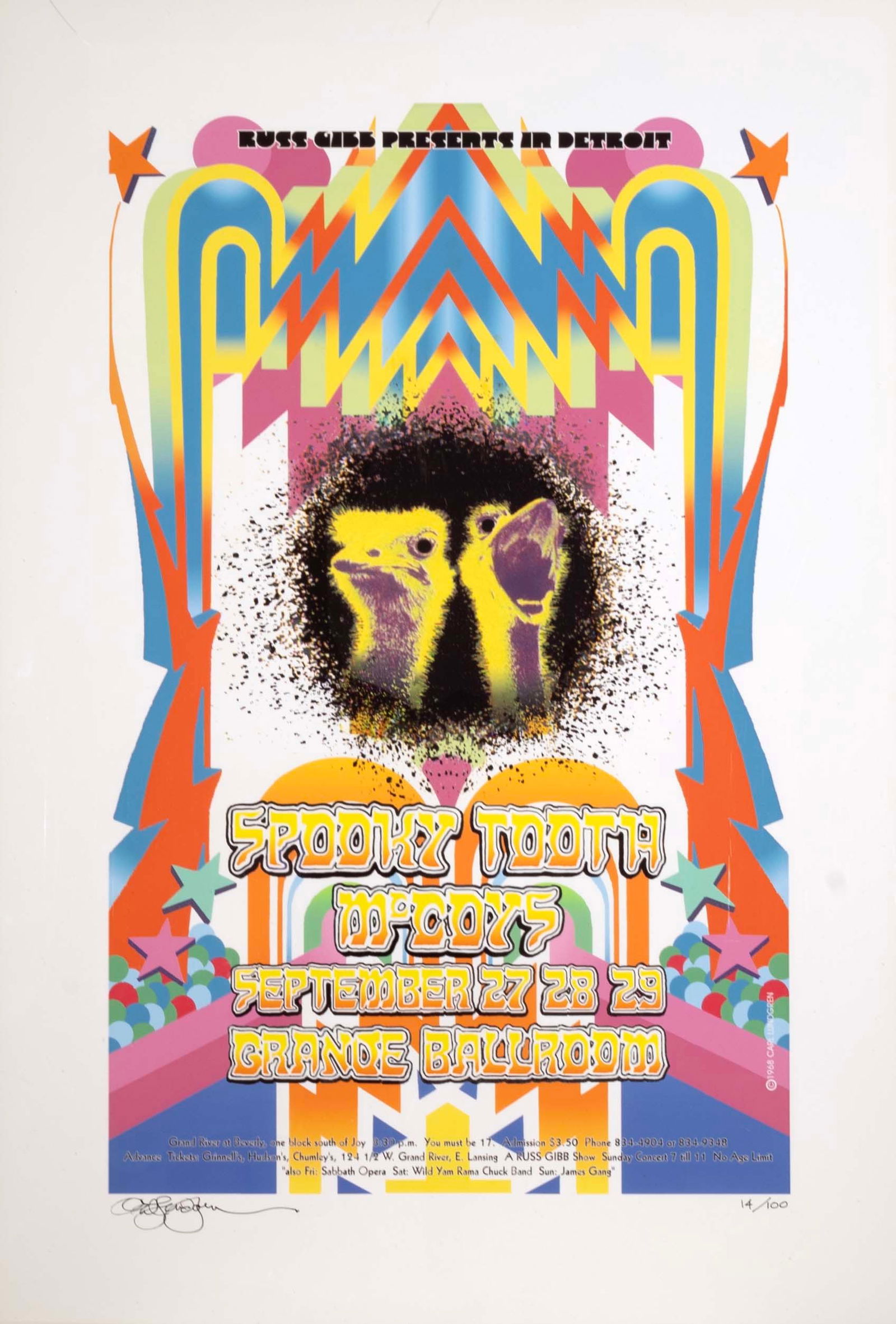 Carl Lundgren Signed Spooky Tooth Grande Ballroom Detroit Poster 1968 Music Memorabilia: A vintage concert poster announcing the headliner Spooky Tooth with the McCoys on September 27-29, 1968 at the Grande Ballroom in Detroit, MI. Designed by Carl Lundgren. Hand signed on the bottom left