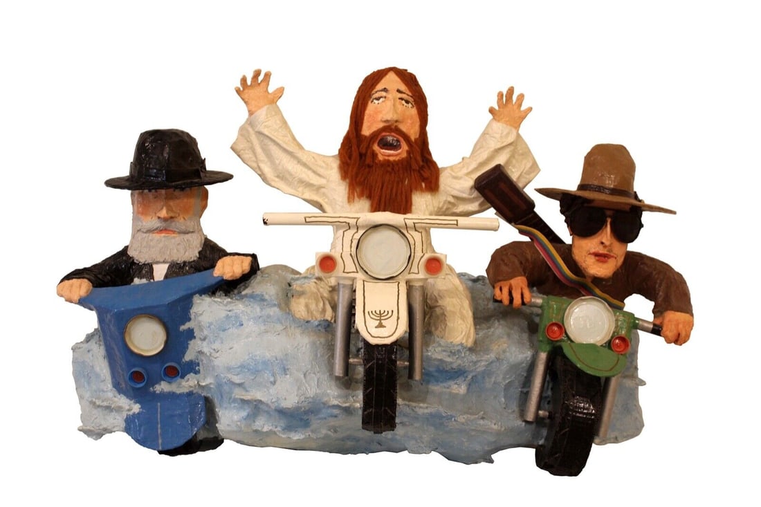 Mike Leaf The Messiah, Bob Dylan & The Rebbe Paper Mache Contemporary Whimsical: A motorcycle-riding Jesus, Hassidic Rabbi and Bob Dylan take to the road as Jesus literally takes the wheel. The expression of glee on all three character's faces as they get set to race through
