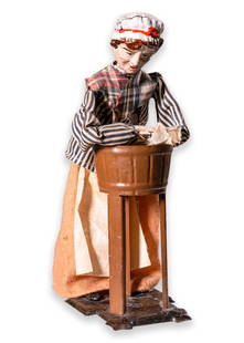 Fernard Martin La Blanchisseuse Washer Woman Antique Windup Tin Toys France 1890s: An antique windup tin toys titled “La Blanchisseuse (Washer Woman)” designed by Fernand Martin. Reference 409. Made in France, circa 1890s. The face is hand-lacquered, and clothi
