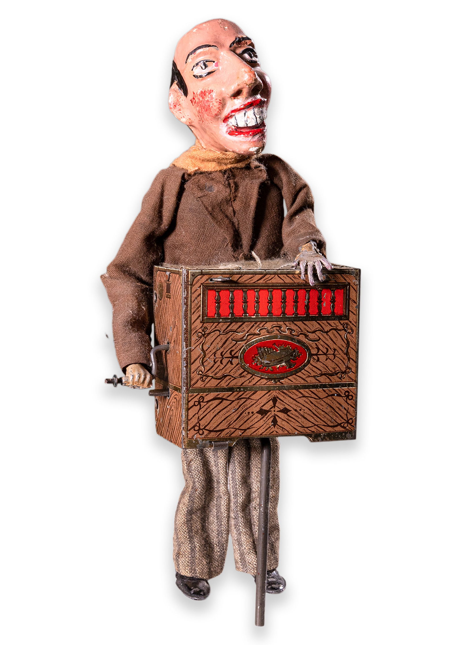 S.I.J.I.M. Hurdy Gurdy Street Musician Antique Mechanical Tin Toy France 1920s: An antique mechanical tin toy titled “Hurdy Gurdy Street Musician” designed by S.I.J.I.M. Made in France, circa 1920s. The face is hand-lacquered, and clothing is made of actual cloth.