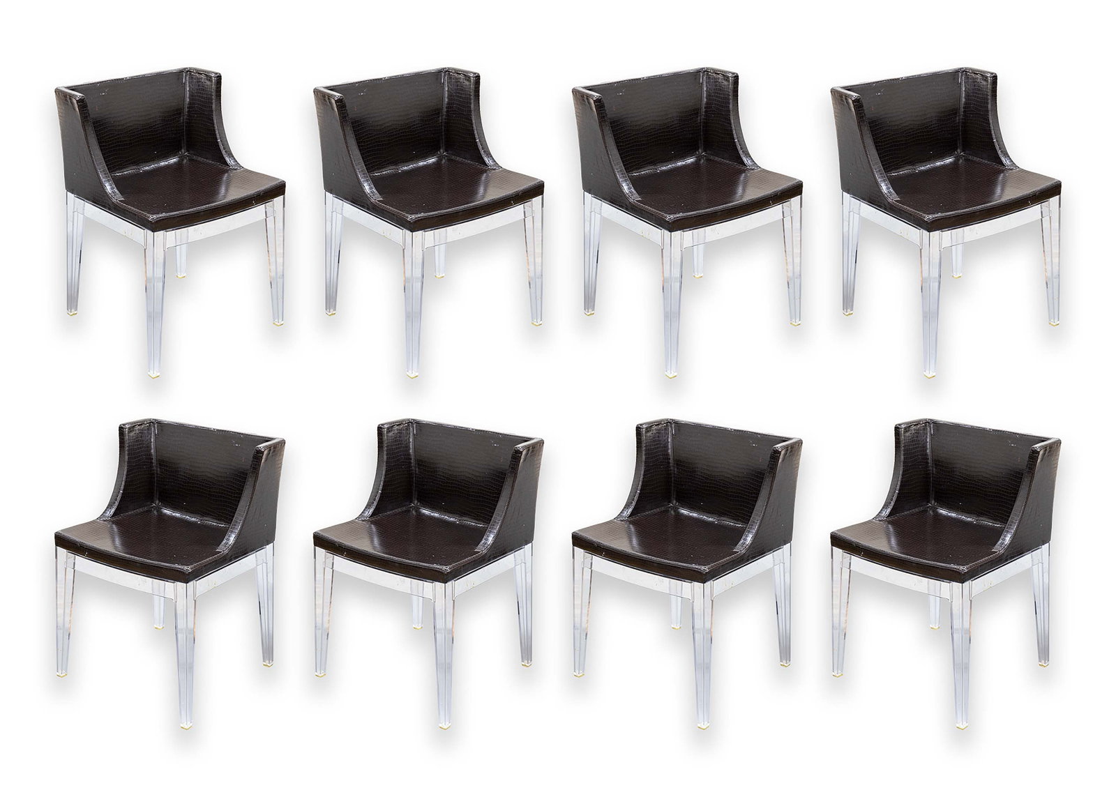 Set of 8 Philippe Starck for Kartell Mademoiselle Lucite and Faux Leather Chairs: A set of 8 Mademoiselle chairs by Philippe Starck for Kartell. This is a gorgeous set of contemporary modern Italian dining chairs. These chairs feature a lovely design featuring a lower lucite acryli