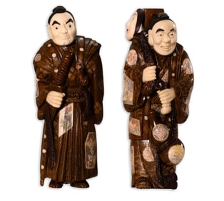 Pair of Okimono Traveler Netsuke Figures Carved Wood with Inlaid Design Antique Japanese