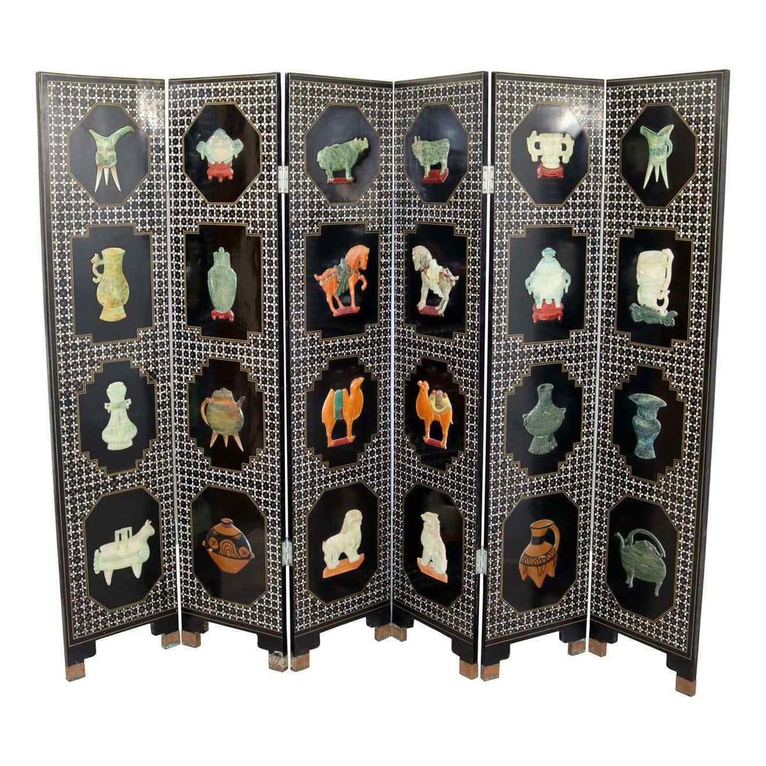 Vintage Asian Black Jade Motif 6 Panel Room Divider Screen 1960s (1 of 12)