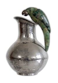 Los Castillo Mexico Modernist Silver Pitcher with Malachite Stone Parrot Handle 20th Century