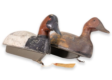 Pair of Stamped RSW Painted Carved Wood Duck Decoys Including Drake Canvasback