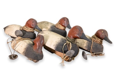 Set of 5x Unmarked Painted Carved Wood Duck Decoys Drake Canvasback w/ Original Anchors