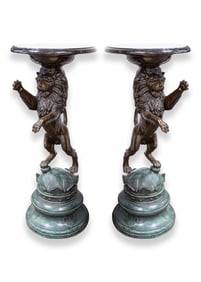 After P.J. Mene Pair of Cast Bronze Lion Sculptures with Marble Tops