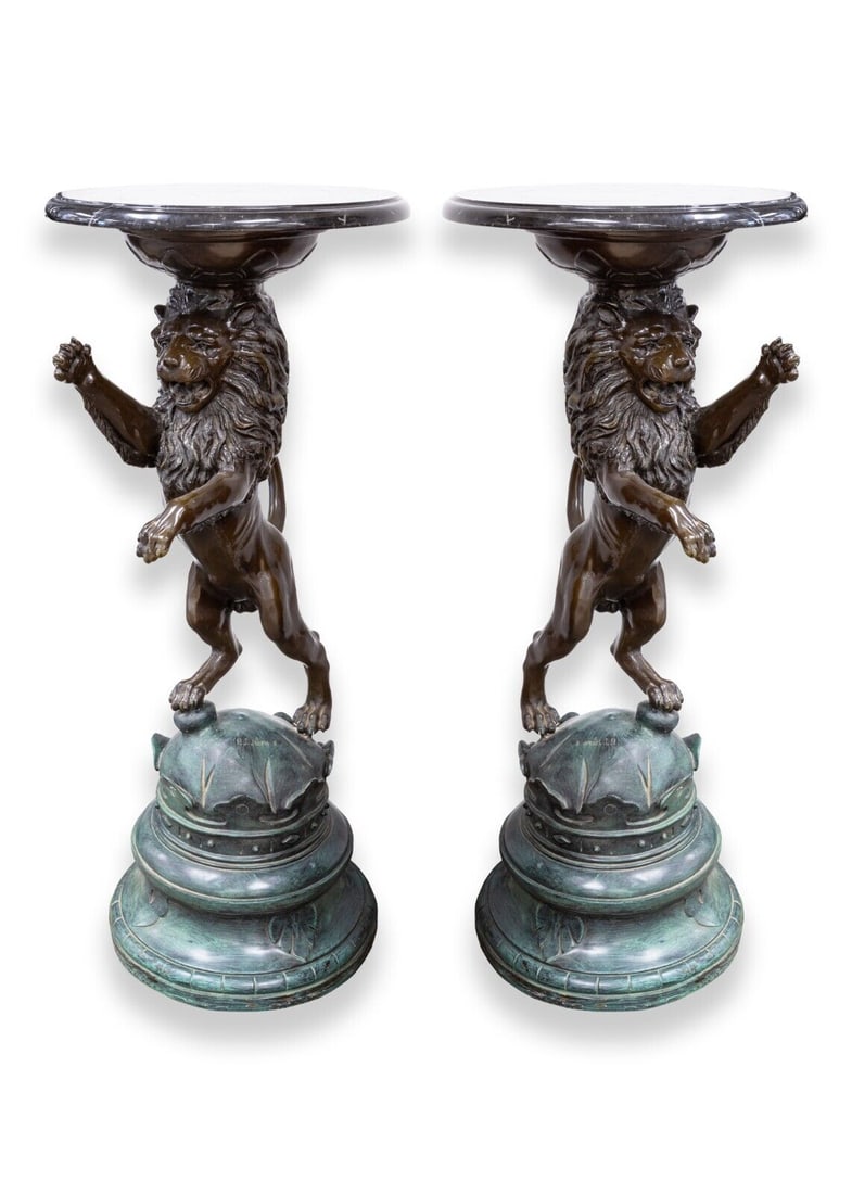 After P.J. Mene Pair of Cast Bronze Lion Sculptures with Marble Tops (1 of 11)