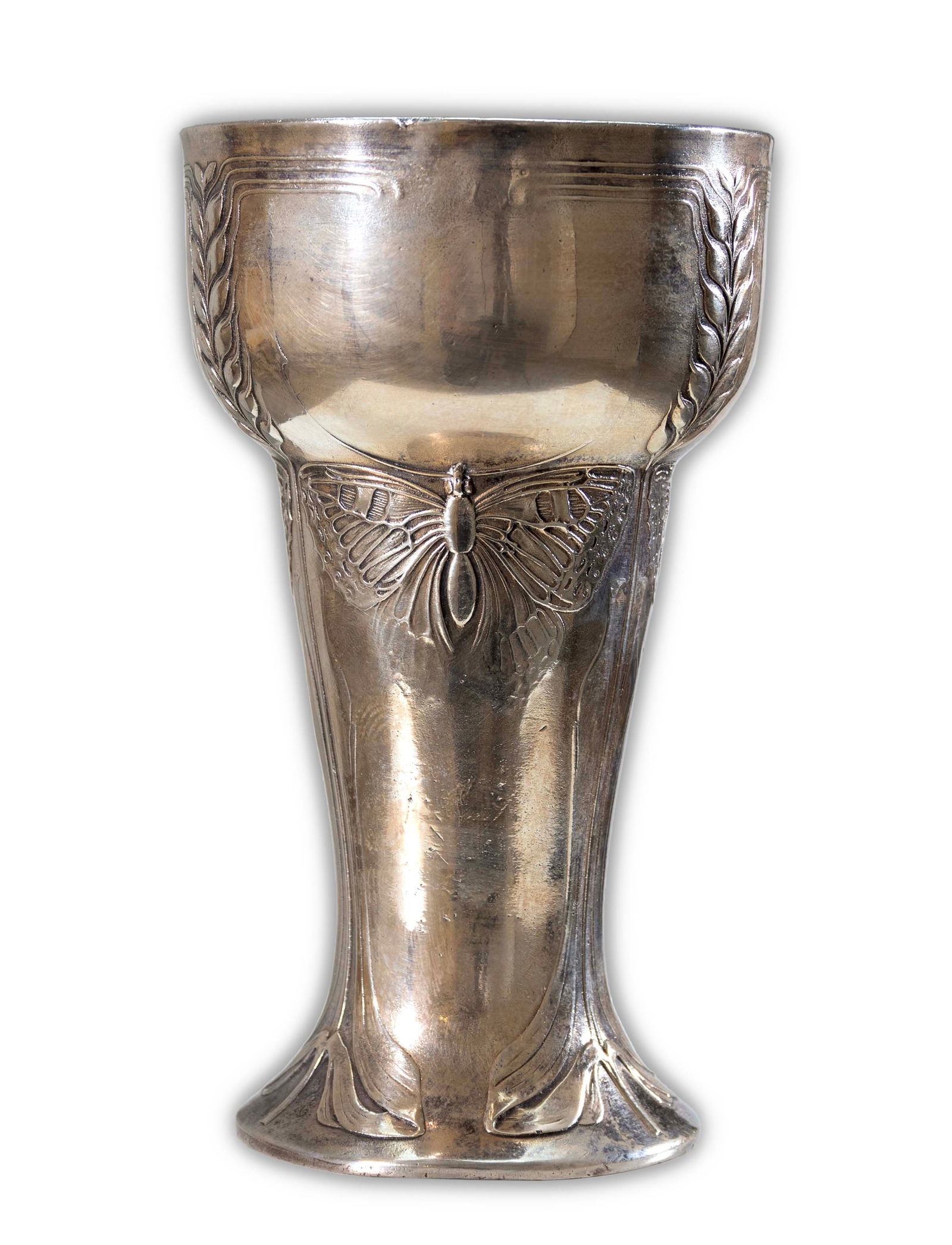 Art Nouveau Kayserzinn 4310 Antique Pewter Mug with Butterfly Design German c. 1900s: An antique Art Nouveau pewter vase or mug designed by the German designer Hugo Leven. Emboss maker stamp on bottom, Kayserzinn 4310. Circa 1900s. The design highlights forms found in nature and an ele