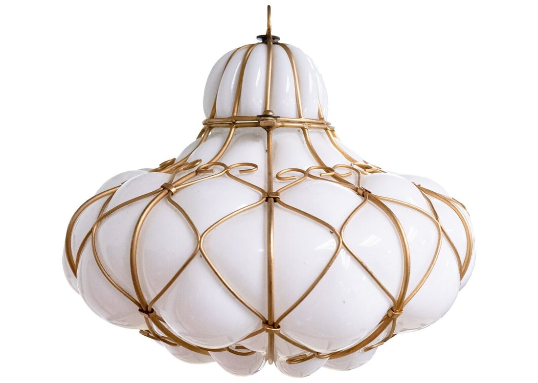 Hollywood Regency Milk Glass Caged Teardrop Light Fixture (1 of 9)