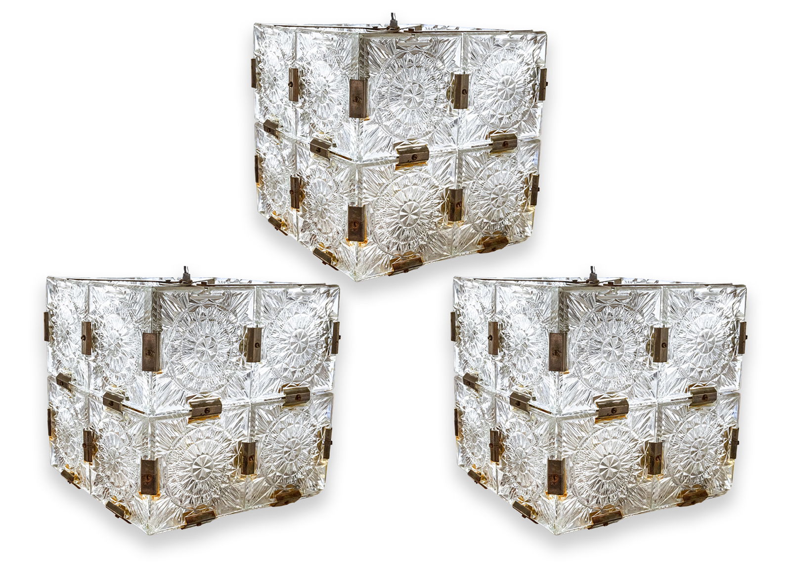 Kalmar Glass Cube Pendant Lights Set of 3 Mid Century Modern Lighting 1970s (1 of 7)