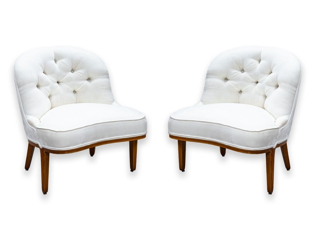 Pair of Edward Wormley for Dunbar Mid Century White Tufted Janus Slipper Chairs (1 of 11)
