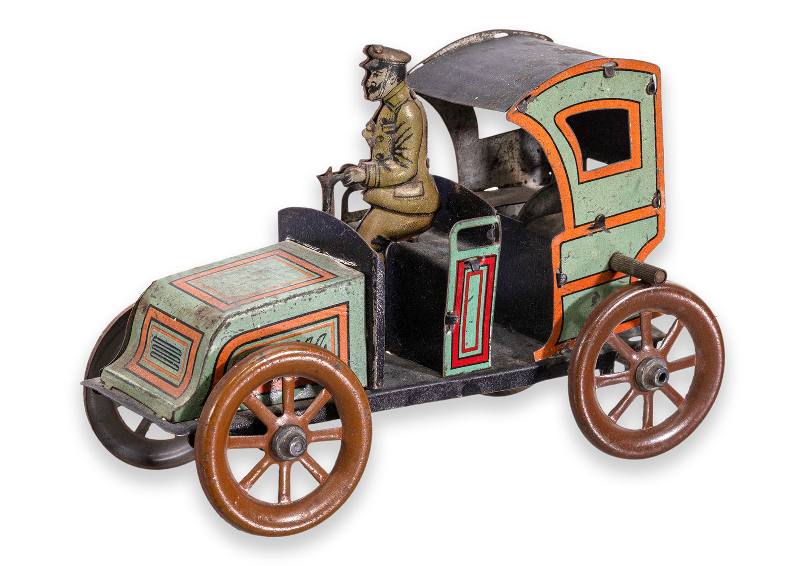 Issmayer Touring Car Flywheel Antique Lithigraphed Tinplate Toy Germany 1920: An antique lithographed tinplate touring car flywheel toy produced by Issmayer Toy Company. Made in Germany, circa 1920. A green car with orange/red accenting. Includes a driver in brown. A unique col