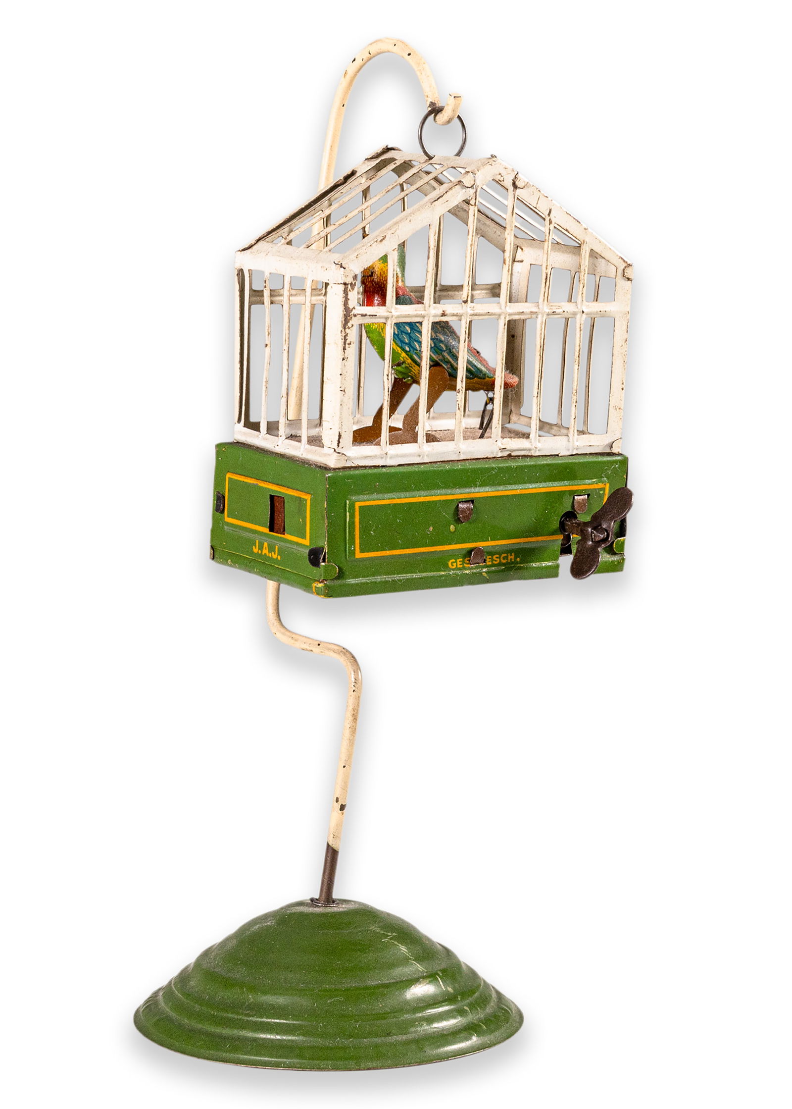 German Songbird in Cage Antique Clockwork Windup Tinplate Penny Toy J.A.J. Ges.Gesch 1920s (1 of 7)