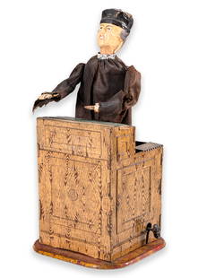 Fernand Martin L’ Eminent Avocat Windup Clockwork Antique Tin Figure Toy France 1905: An antique windup clockwork tin figure toy titled “L’ Eminent Avocat” (The Eminent Lawyer) produced by Fernand Martin. Made in France, circa 1905. Courtroom box with painted tinplate
