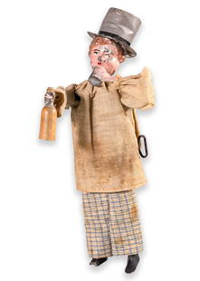 Fernand Martin Le Pochard Windup Clockwork Antique Tin Figure Toy France 1899: An antique windup clockwork tin figure toy titled “Le Pochard” (Drunkard) produced by Fernand Martin. Made in France, circa 1899. Painted tinplate and fabric details. Maker’s mark st