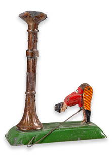 Fernand Martin Le Sonneur Endiable Windup Clockwork Antique Tinplate Toy France 1885: An antique windup clockwork tin figure toy titled “Le Sonneur Endiable” (The Bell Ringer) produced by Fernand Martin. Made in France, circa 1885. Painted tinplate with embossed maker’