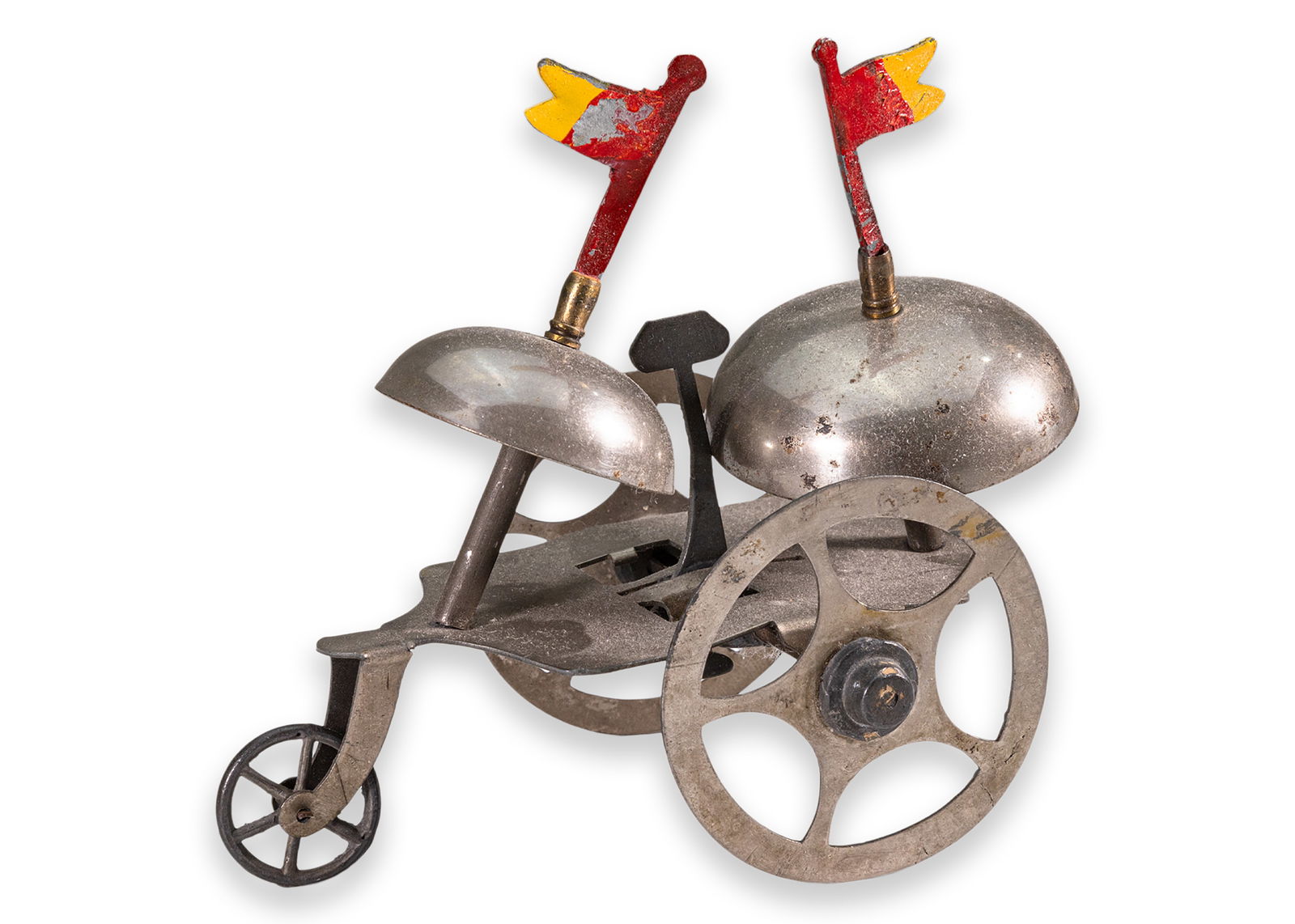 Vintage Antique Bell Pull Toy on Wheels Silver with Red and Yellow Flags 1920 (1 of 5)