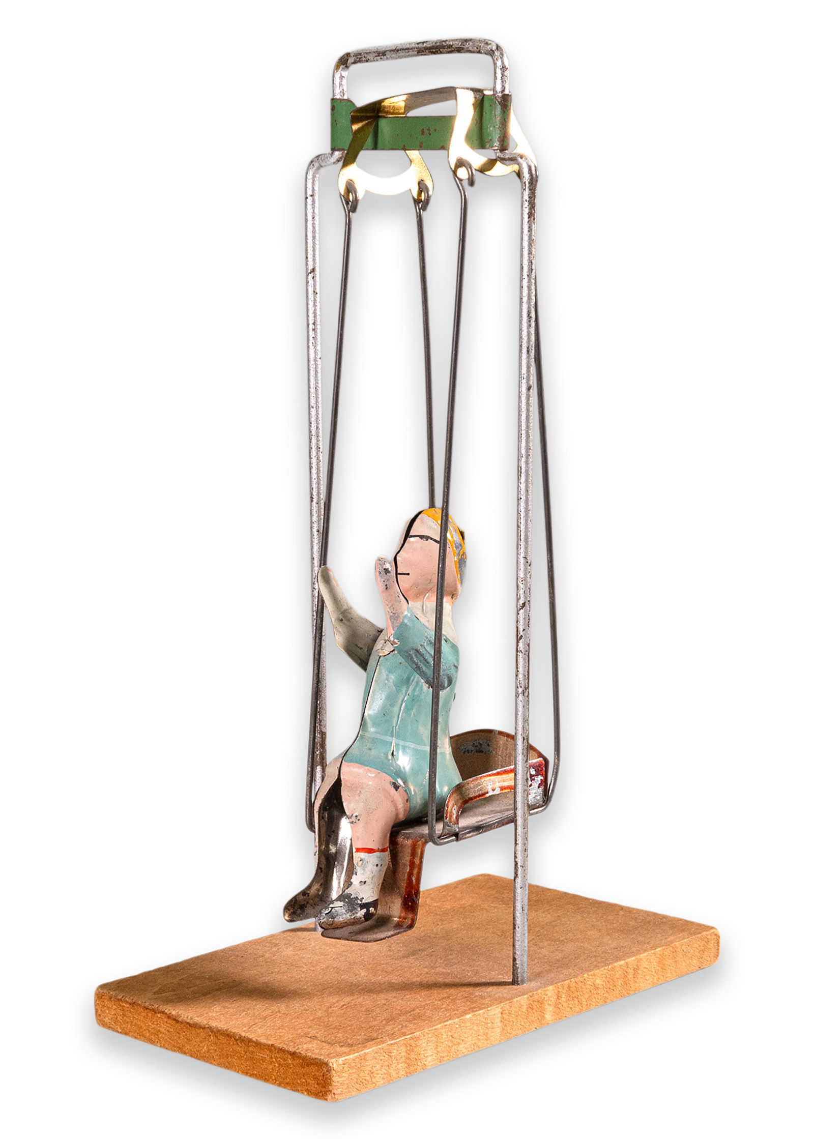 Gibbs Toy Company Swinging Girl Toy No. 5 Antique Tinplate and Wood Toy America 1920: An antique tinplate and wood toy titled “Swinging Girl Toy No. 5” produced by Gibbs Toy Company. Made in America, circa 1920. Embossed manufacturer’s stamp on top of toy. A whimsical