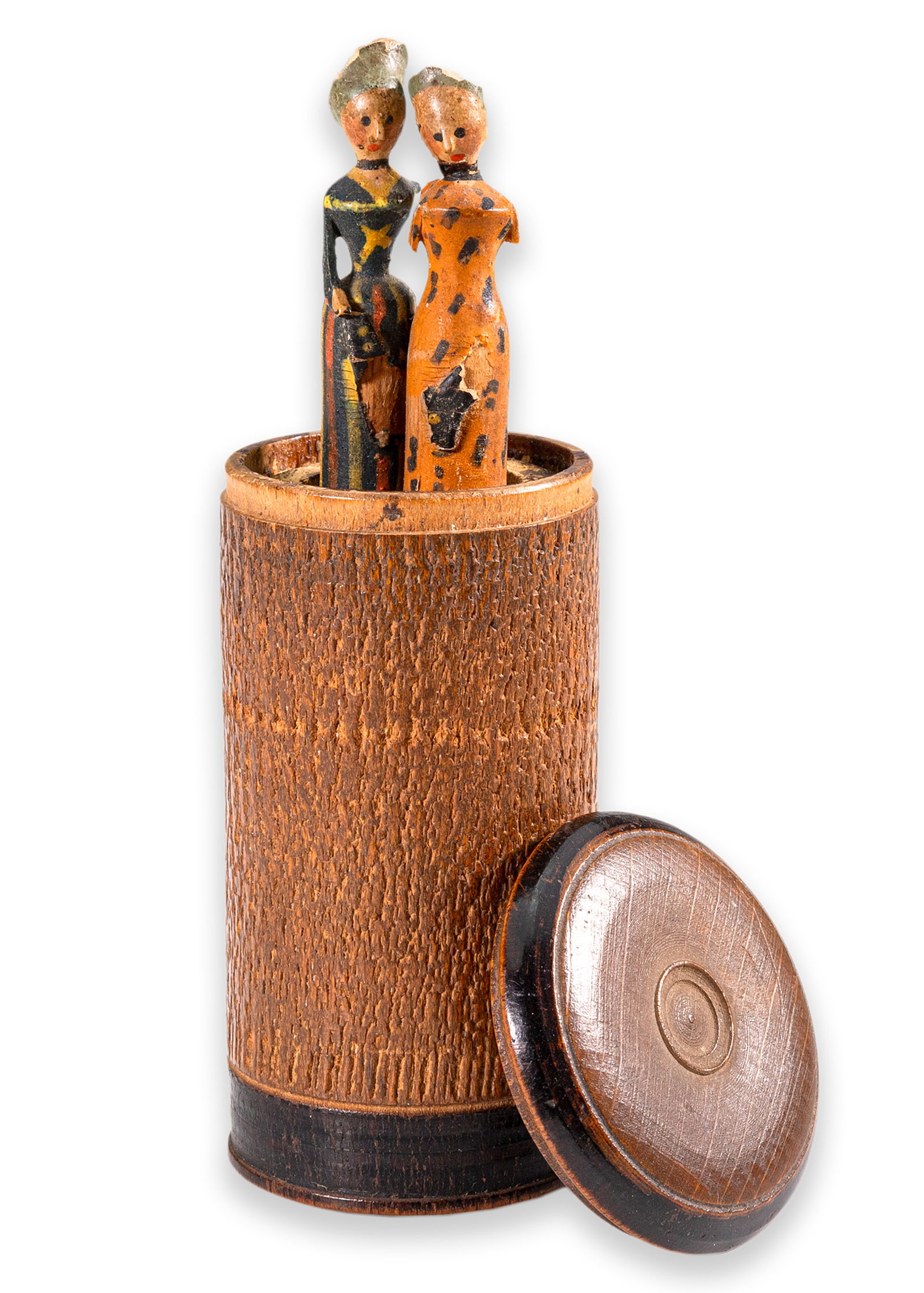 Vintage Pop-Up Toy Antique Wooden Dolls Hand-Painted Cylinder German 1880: An antique pop-up toy. Wooden dolls are hand-painted and pop out when the cylinder is opened. Made possibly in Germany, circa 1880. A unique collector’s item. From a private collection. Dimensio