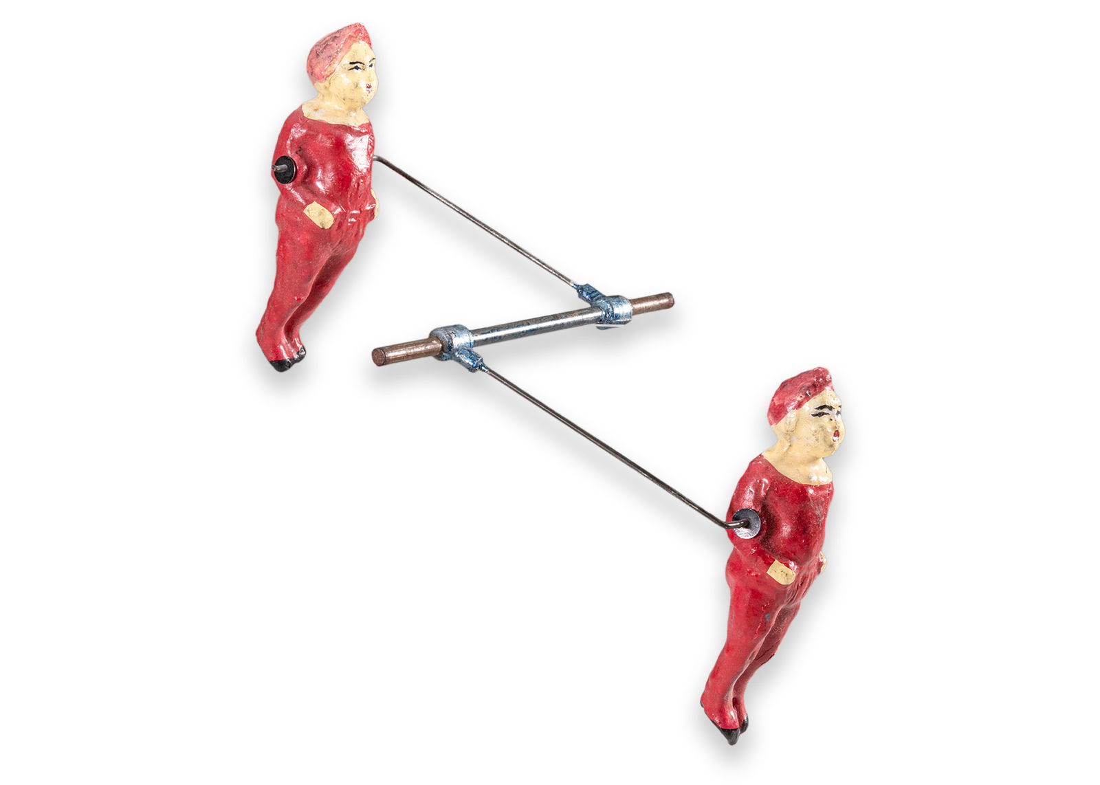 Vintage Acrobats Cast Iron Antique Toy Collectables 1960s: An antique cast iron acrobats toy. Circa 1960s. From a private collection. Dimensions: 14”h x 5”w x 7”d. In fair vintage condition and toy is functional but missing pieces.